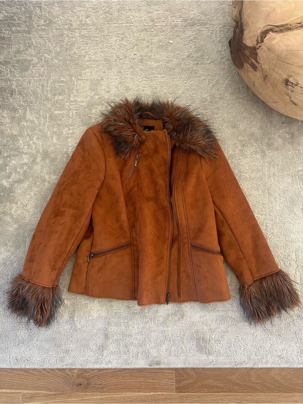 Rachel Zoe Faux-Suede Teddy Jacket in Rust Brown with Fur Trim